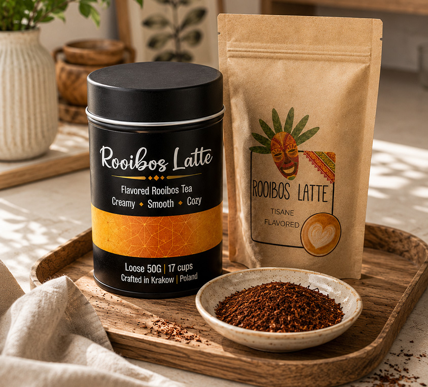 Rooibos Latte Leo Tea – puszka, doypack i kubek prezentowy